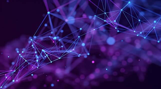 A digital rendering features a network of interconnected points and lines, glowing with shades of blue, and purple set on a dark background