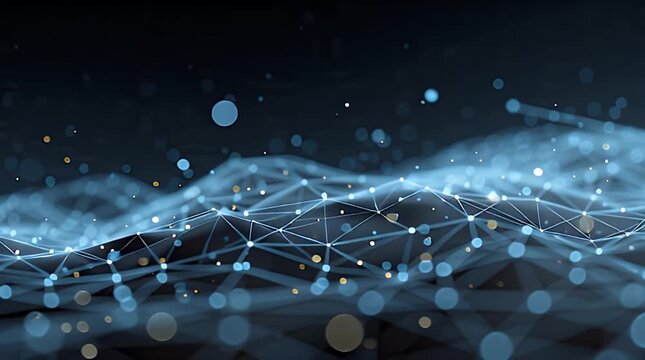 A digital visualization showcasing a network of interconnected points and lines, forming an abstract and dynamic wave pattern. Bokeh effect enhances the design