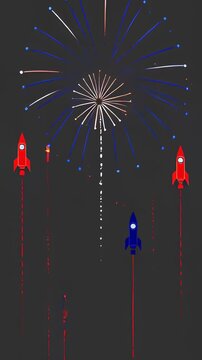 Patriotic red white and blue fireworks rockets launching and bursting in a seamless animation, illustrating a festive independence day celebration background concept.