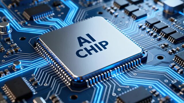 Close-up view of an AI microprocessor chip integrated into a blue glowing printed circuit board, symbolizing advanced technology and computing.
