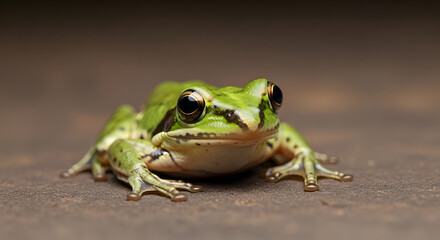 A close up front view of a green frog with large golden eyes sitting on a textured dark ground