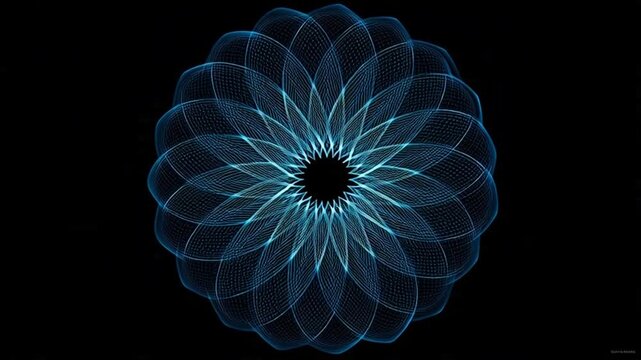 Blue glowing neon light mandala on black background.