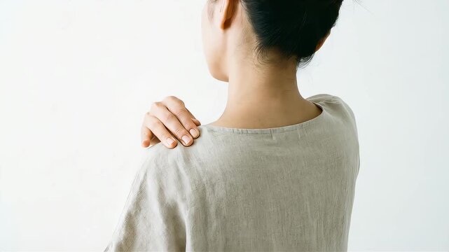 肩こりに悩む日本人女性の背面ショット。患部を揉んでセルフマッサージするシーン