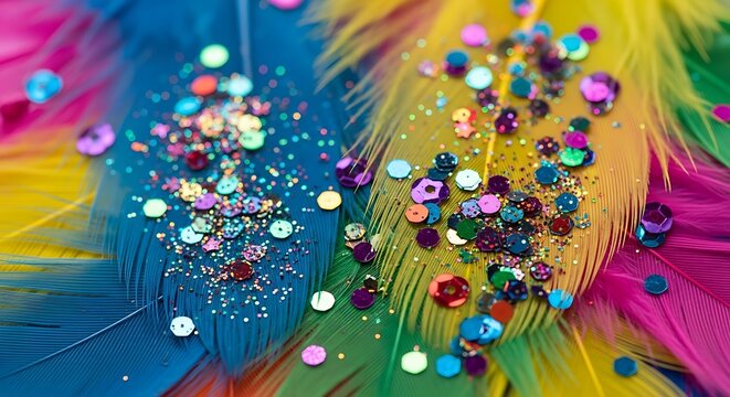 Vibrant feathers and sequins scattered on a colorful surface, showcasing a festive atmosphere, close-up, and overhead viewpoint