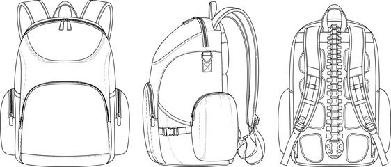 Backpack technical line drawing, front side back views, travel bag blueprint, vector outline illustration, school rucksack design template isolated white