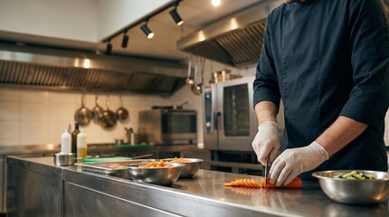 Professional chef in gloves chopping fresh carrots on a stainless steel counter in a commercial kitchen for healthy meal preparation concept and kitchen hygiene