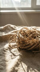 Textured dried raffia fibers piled on natural linen fabric, illuminated by warm sunlight through a window for a rustic craft concept and sustainable design