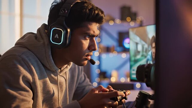 Focused gamer plays intense late night gaming session.