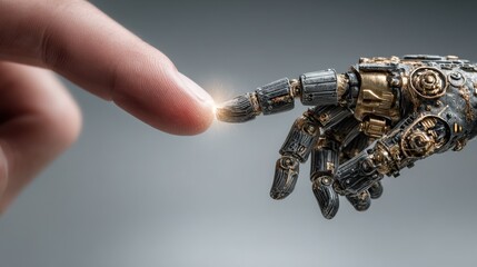 Naklejka premium Human finger and robotic hands touching with a glowing spark close up. Artificial Intelligence and digital transformation concept