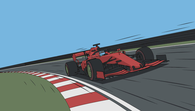 A red race car speeds around a winding track under a clear blue sky during daylight.