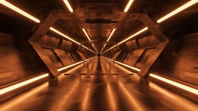 Futuristic Orange Tunnel with Neon Lights and Reflections.