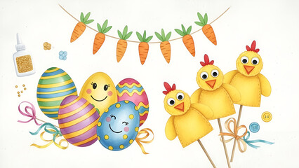 Easter decorations with cartoon chickens and eggs