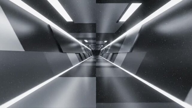 Futuristic Tunnel with Bright Lights and Geometric Architecture.