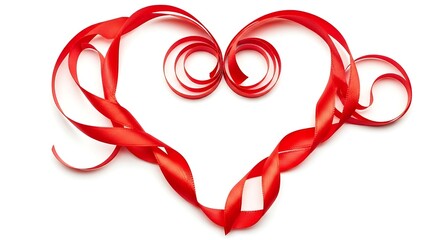 Red ribbon forming a heart shape with swirling ends on a plain surface viewed from directly above