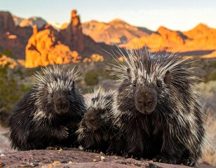 Three porcupines gaze toward camera atop red rocks, mountains behind