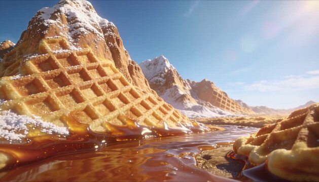 Surreal 3D render of a massive waffle mountain topped with powdered sugar and a maple syrup river for creative food advertising