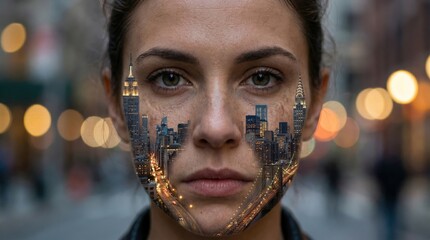 A woman's face morphs into a bustling city skyline, blending urban life with personal identity. Use: travel blog hero, fashion editorial background.