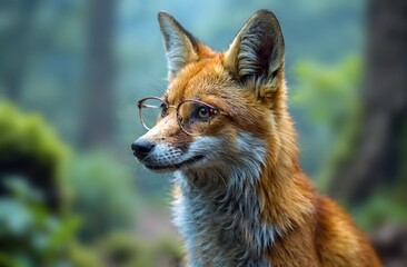 Close-up of a curious red fox wearing glasses, set against a blurred forest backdrop. Use: wildlife magazine cover, nature documentary introduction.