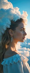 A goddess-like woman with flowing golden curls and sparkling earrings, adorned in an elegant evening gown against a backdrop of dreamy clouds. Use.
