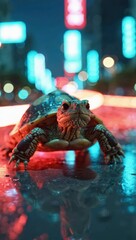 A fascinating urban turtle illuminated by vibrant nighttime city lights.