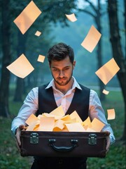 A focused businessman with a briefcase of notes and floating papers, outdoor evening scene. Use: business profile hero image, corporate magazine.