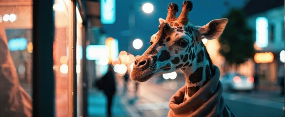 A giraffe in a cityscape at dusk gazes out of an illuminated window, reflecting urban life.