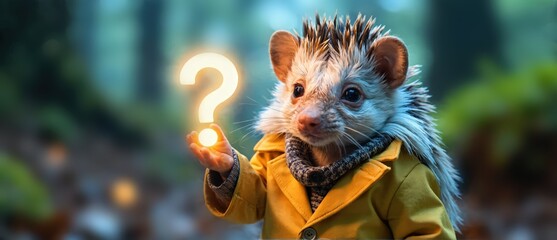 A whimsical hedgehog in a yellow coat holds an illuminated question , exuding curiosity amidst the evening forest. Use: nature photography.