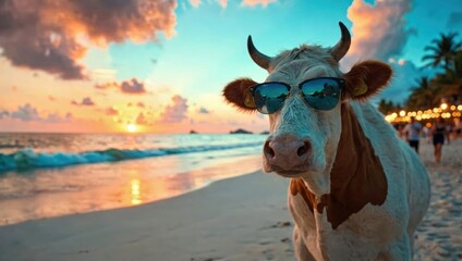 A cow wearing sunglasses on a beach at sunrise, relaxing by the ocean. Use: travel blog hero, nature photography.
