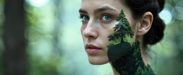 Woman with green tree in her eye and forest backdrop; Use: eco-adventure travel brochure, environmental documentary.