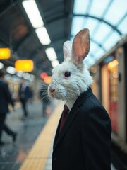 A white rabbit in a black suit and red tie at a busy subway station symbolizing unexpected occurrences amidst daily routines.