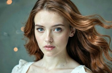 A redhead with striking blue eyes gazes pensively into distance, framed by flowing locks of red-hued curls; backlit dusk tones create a romantic.