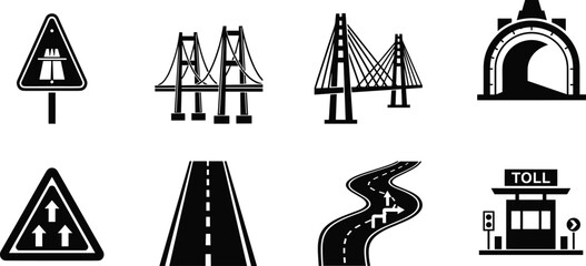 Road infrastructure icons set with bridge tunnel highway toll road signs, transportation and traffic symbols vector illustration © Itz Marjia