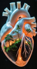 A futuristic, biotechnological heart with integrated greenery in its chambers. Use: Biotech exhibition, science fiction novel cover.