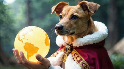 A dog in royal garb holds a glowing golden world globe, perfect for travel or nature-themed projects.