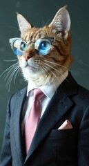 A quirky cat wearing a suit and pink tie, with blue sunglasses reflecting office buildings. Perfect for humorous animal portraits or business-themed.