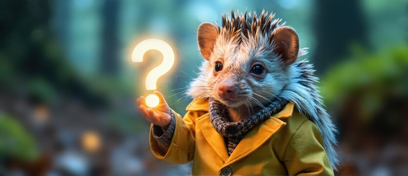 A whimsical hedgehog in a yellow coat holds an illuminated question , exuding curiosity amidst the evening forest. Use: nature photography.