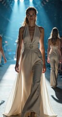 A confident model walks the runway in a chic beige evening gown, showcasing high-fashion elegance with dramatic lighting and flowing fabric. Use.