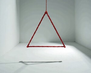 A striking red triangle made of twisted rope hangs suspended in a stark, white minimalist space, casting an elongated shadow on the ground. Perfect.