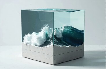 A large wave contained within a glass cube on a plaster pedestal creates an illusion of breaking through water, perfect for art galleries and.