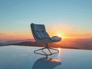 A serene sunset over mountains, with a luxurious chair on reflective surface. Ideal for travel blog hero and magazine feature.