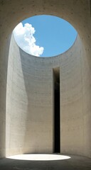 A serene architectural interior with a circular concrete structure and an open skylight revealing blue skies, perfect for travel blog hero or.