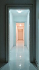 A clean and bright hallway with soft pink lighting leading to a white door, reflecting on polished floors. Use: travel blog hero, magazine feature.