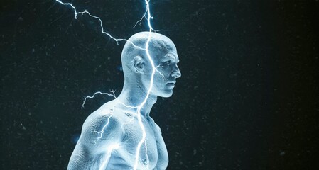 A muscular individual with blue electric currents flowing through their body, against a dark backdrop. Use: scientific articles on electricity and.