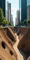 A striking urban canyon with a winding dirt road, surrounded by high-rise buildings and lush green trees. Use: travel blog hero, magazine feature.