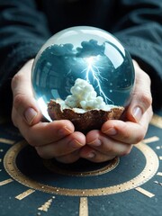 A person holds a glass ball with an otherworldly lightning and whipped cream cake inside, against a dark backdrop featuring a golden compass. Use.