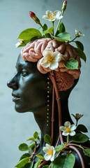 A thought-provoking image of a sculpted figure with flowers and leaves interwoven into its form, representing growth and nature's connection to.