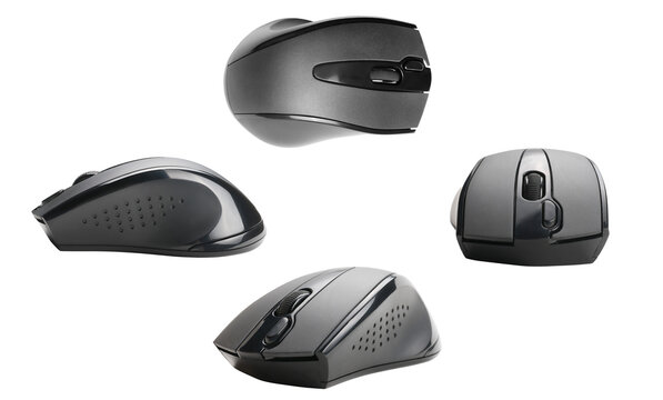Wireless computer mouse shown from top, side, and front views on a white background.