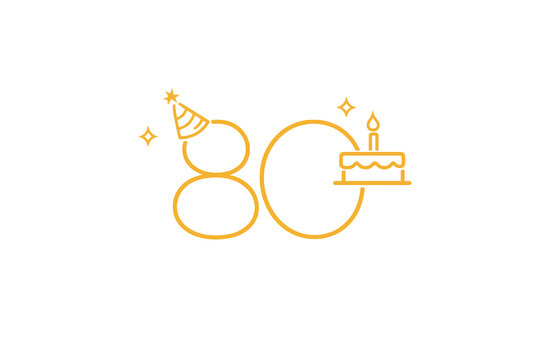 Celebrating 80th birthday anniversary with hat and cake line art