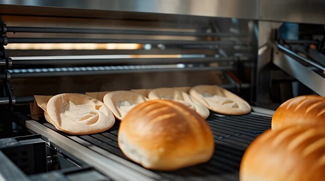 Close-up of baked golden brown bread loaves on a moving conveyor belt, possibly from a commercial bakery, with blurred background
