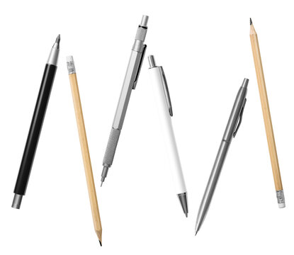 dynamic arrangement of various writing tools, including pencils and pens, presented on a transparent background for versatile graphic design use in projects.